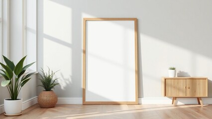 Tall wooden framed mirror reflecting sunlight in a bright minimalist room