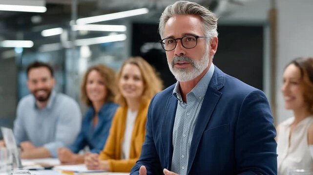 Team Meeting with Confidence: A group of business professionals collaborates during a meeting. A confident leader makes his point with the team at work. - Powered by Adobe