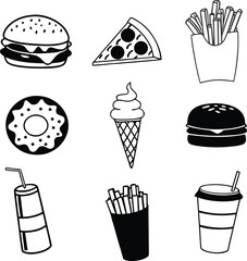 Black and white doodle style fast food icons: burgers, fries, pizza, soda, ice cream, donuts.