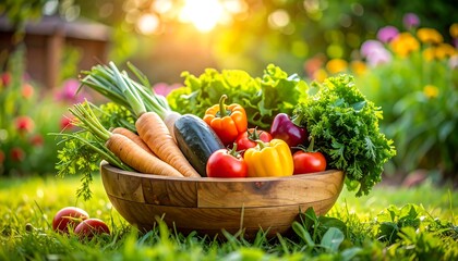 Fresh Harvest Colorful Organic Vegetables in Wooden Bowl with Garden Sunlight.