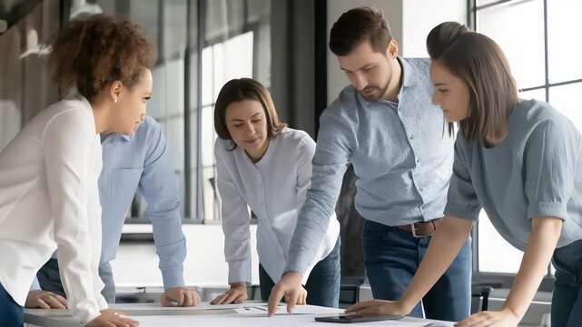 Group of professionals collaborating on a project in a modern office setting during the daytime