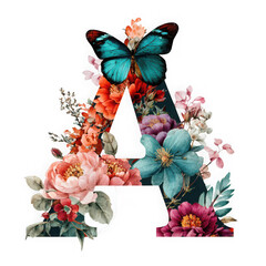 Floral Alphabet With Butterfly Watercolor Clipart 03 on a white background