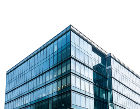 An - Low-Angle View of Corporate Office Building with Minimalist Architectural Lines, Isolated on Transparent Background.