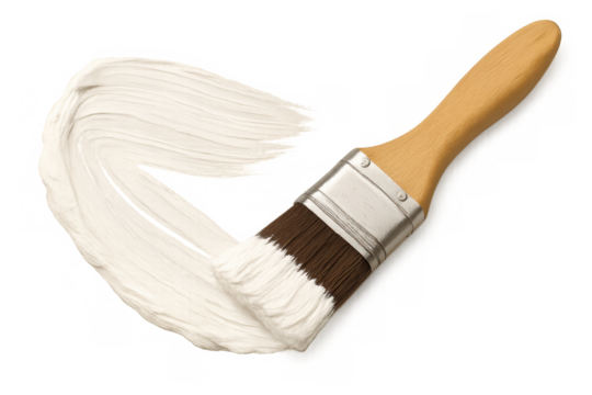 Paintbrush with wooden handle painting white stroke on transparent background, ideal for diy and home renovation projects