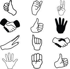 Hand Gesture Icons:  Black and White Line Art Illustrations, Positive and Approving Mood, Diverse Hand Signals.