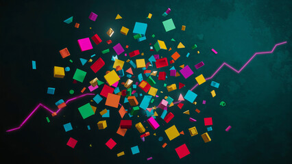 Vibrant confetti and neon line graph on dark background abstract blue