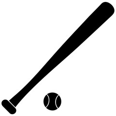 A simple black silhouette of a baseball bat angled diagonally across a white background with a baseball nearby