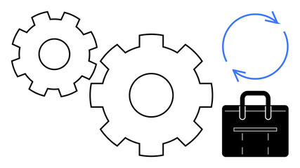 Gears in motion with a briefcase and circular arrows emphasize teamwork, productivity, and system optimization. Ideal for teamwork, workflow, strategy, progress, innovation, business process simple