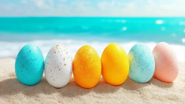 Pastel easter eggs on a tropical beach scene, celebrating springtime holidays