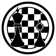 Stylized black and white graphic illustration of chess king and pawn pieces with a circular chessboard background