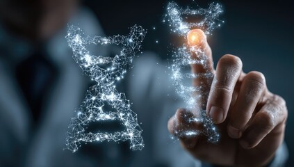 Hand touches glowing DNA, science concept