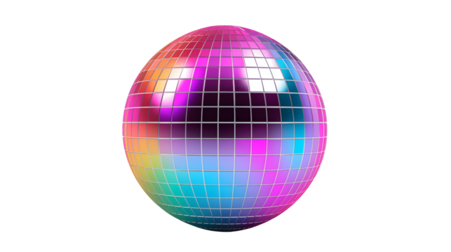 Vibrant disco ball with rainbow colors creating a retro party atmosphere