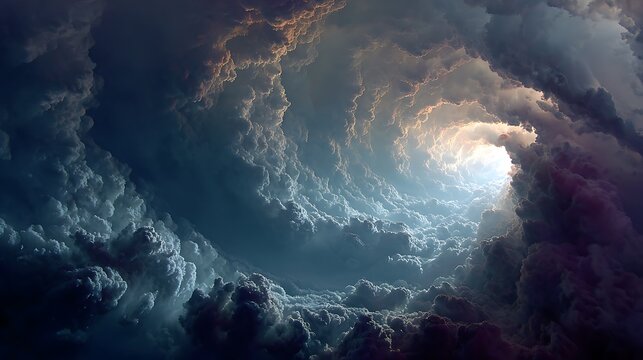 Fototapeta Swirling vortex of dark, dramatic storm clouds creating a tunnel of light in a turbulent and powerful sky.