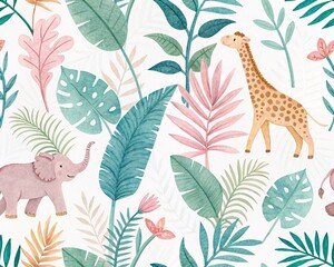 Charming Watercolor Safari Animals and Tropical Leaves Creating a Whimsical Jungle Ambiance
