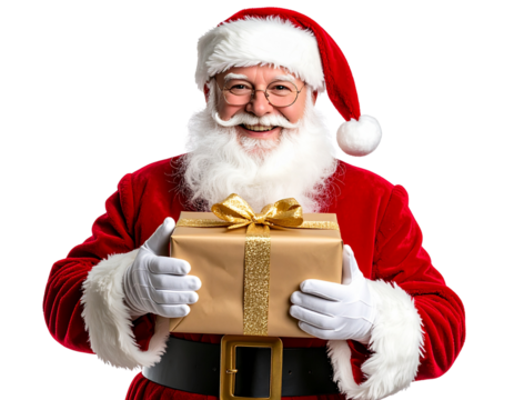 An - Père Noël Classique en Costume Rouge Tenant un Cadeau Emballé, Vue de Face, Isolé sur Fond Transparent.