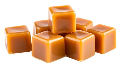 A small pile of shiny, golden-brown caramel cubes on a white background (1)