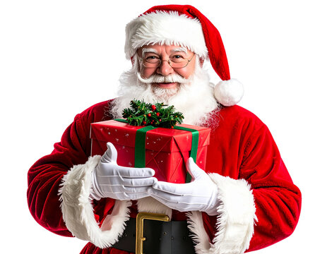 An - Père Noël Joyeux Tenant un Cadeau et Faisant un Clin d’Œil, Vue en Perspective, Isolé sur Fond Transparent.