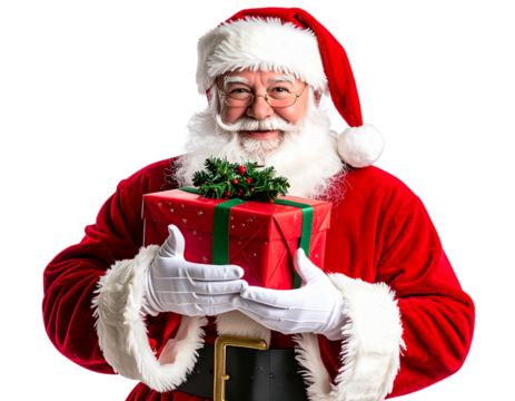 An - Père Noël Joyeux Tenant un Cadeau et Faisant un Clin d’Œil, Vue en Perspective, Isolé sur Fond Transparent.