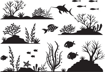 Underwater Landscape Icons on White Background  Premium Vector Set