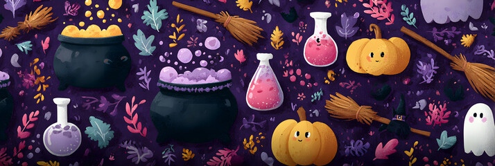 Naklejka premium Halloween pattern with colorful potions, bubbling cauldrons, and tiny broomsticks scattered across a deep purple background