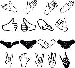 Obraz premium Hand Gesture Icons: Black and White Line Art, Diverse Set, Positive and Playful Mood.