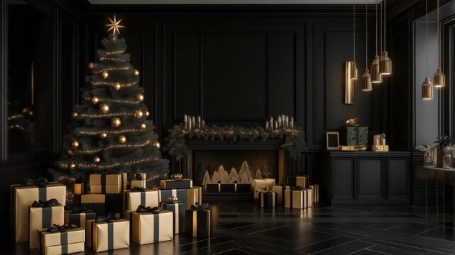 Elegant black and gold christmas living room with decorated tree and presents