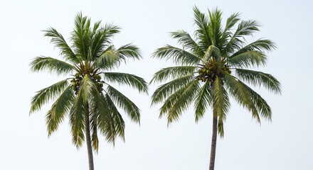 Two Tall Green Palm Trees with Fronds Against Clear Sky