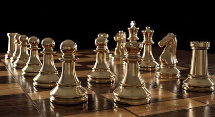 Naklejka premium Elegant Gold Chess Pieces on Wooden Board in Dramatic Lighting for Strategic Gaming