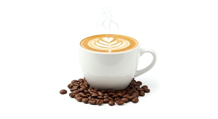 Steaming Coffee Cup with Latte Art and Coffee Beans on White Background