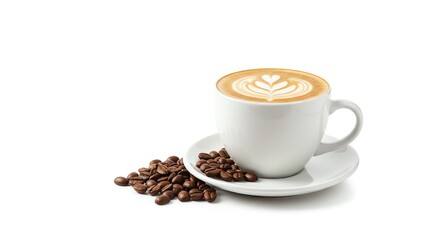 Obraz premium White Ceramic Coffee Cup with Latte Art and Coffee Beans on White Background