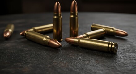 Ammunition Bullets Brass Casings and Copper Projectiles on Dark Surface