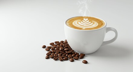 Obraz premium Steaming Coffee Latte in White Mug with Heart Design Surrounded by Coffee Beans on White Surface