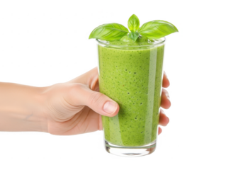 Hand holding tall glass of green smoothie garnished with basil sprig isolated on transparent background