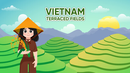 Vietnamese terraced rice fields &ndash; landscape and agricultural illustration