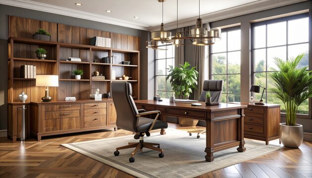 Luxurious home office interior featuring a classic wooden executive desk, leather chair, and extensive shelving in a sophisticated, sunlit room.