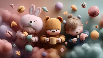 Fototapeta premium A whimsical collection of cuddly stuffed animals including a rabbit and bear surrounded by delightful pastel colored and candies creating a cozy and imaginative scene