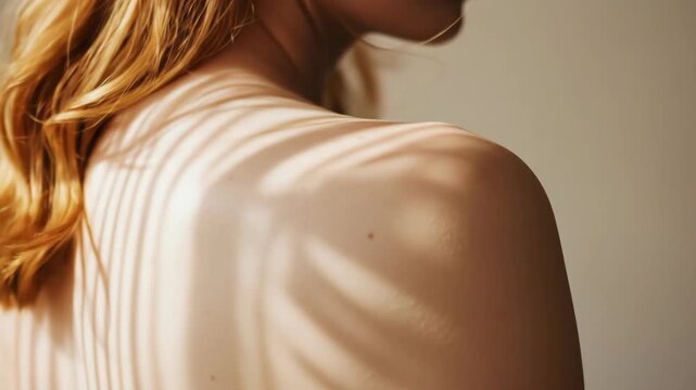Closeup of a womans shoulder and back, with soft light and shadows creating a sensual and elegant effect, perfect for beauty, health, and wellness campaigns