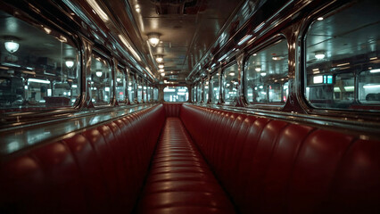 Fototapeta premium Train Interior Featuring Vintage Passenger Car Seating and Windows