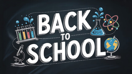 Back to school chalk art with science and education symbols on a blackboard background