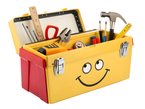 Brightly colored toolbox filled with various tools and a smiling face design - Powered by Adobe