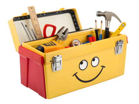 Brightly colored toolbox filled with various tools and a smiling face design