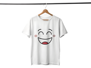 White t shirt with a large cheerful laughing emoji graphic