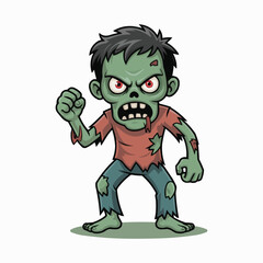 Angry Halloween Zombie Boy Cartoon Character with Red Eyes and Torn Clothes Vector Illustration

