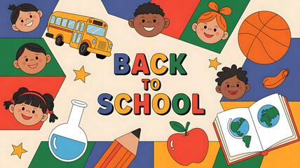 Diverse group of happy children and school supplies celebrate the exciting return to school