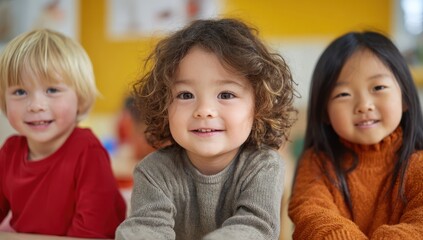 Diverse Trio: Smiling Children in Classroom Setting, Warm Lighting, Inclusive Education