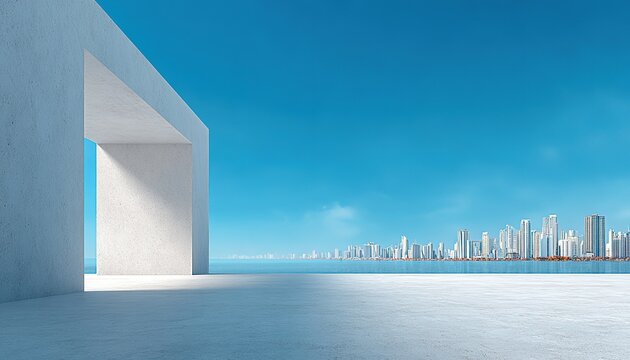 A minimalist geometric building against the backdrop of an expansive urban skyline, suitable for the official website of architectural design firms and real estate brochures.