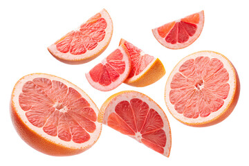 Juicy pink grapefruit slices and halves isolated on black background, ideal for healthy eating, juice, or citrus fruit themes.
