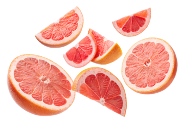 Juicy pink grapefruit slices and halves isolated on black background, ideal for healthy eating, juice, or citrus fruit themes.
