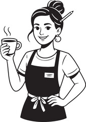 Fototapeta premium Smiling Woman Holding Coffee Cup and Pencil in Apron