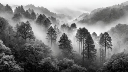 Misty mountain forest in grayscale